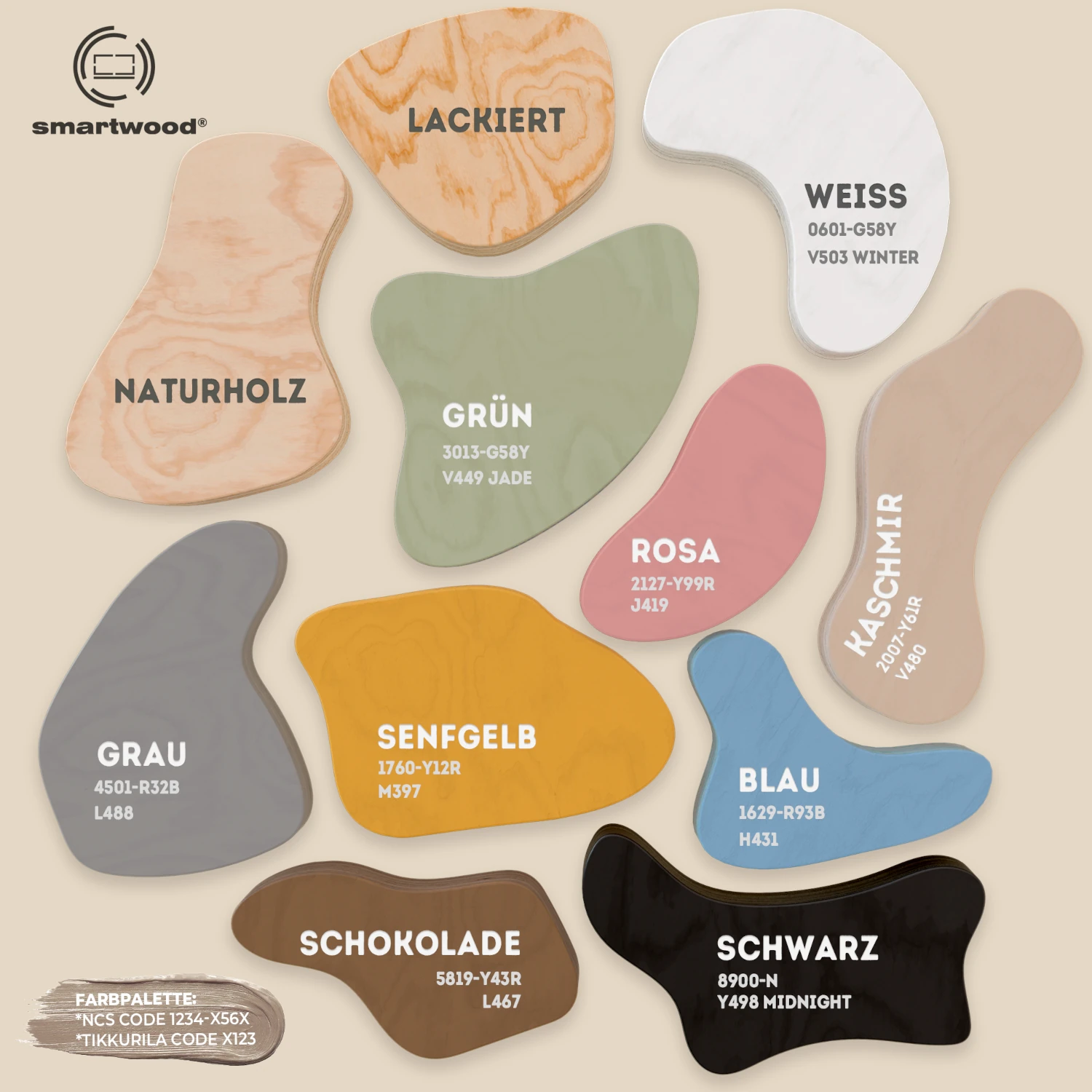 Farbpalette: natur lackiert weiß kaschmir senf rosa grün blau schokolade grau und schwarz